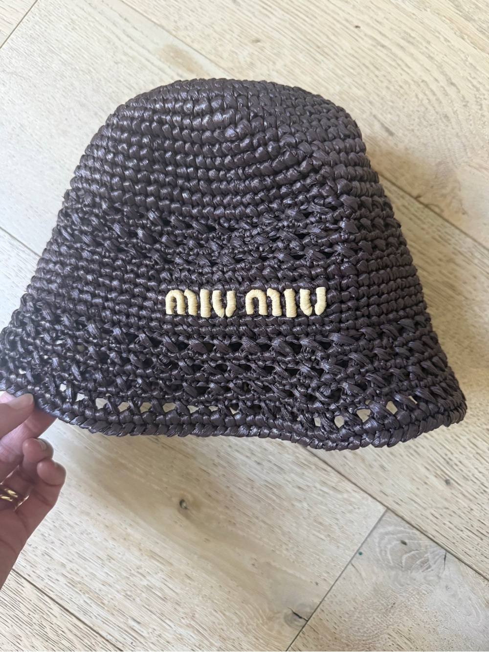 Miu Miu Chocolate Brown Crochet Bucket Hat with Cream Logo